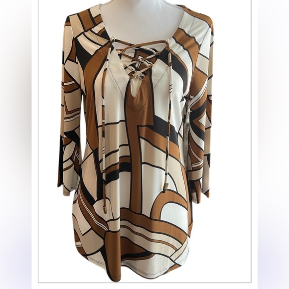 Chico's Tops - Chico's Brown Knit Kit Groovy Swirl Lace Up Long Sleeve Top Size 0